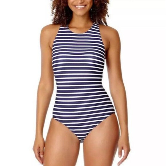 NWT Lands' End Ladies' Swimsuit Navy Stripes - Picture 1 of 2